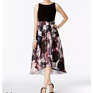 SLNY dress fit and flare,  hi low, floral v back  like new size 8 / medium black
